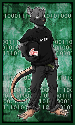 3_toes anthro binary_code black_clothing border bottomwear buckteeth clock clothed clothing computer electronics feet fur green_background green_border green_eyes grey_body grey_fur holding_object laptop looking_at_viewer male pants shirt simple_background solo standing t-shirt tail teeth text toes topwear watch whiskers unknown_artist darkrat mammal murid murine rat rodent english_text source_request