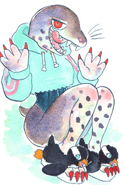 ambiguous_gender anthro beak claws clothed clothing colored_nails fangs female footwear hoodie leotard looking_at_viewer nails open_mouth red_eyes semi-anthro shoes simple_background smile solo spots swimwear teeth tongue tongue_out topwear whiskers kyokyota aquatic avian bird leopard_seal mammal penguin pinniped seal 2024 hi_res traditional_media_(artwork)