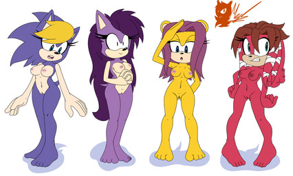 blonde_hair blue_body blue_eyes blue_fur breasts eyelashes feet female fur genitals group hair nipples purple_body purple_fur purple_hair red_body red_fur simple_background standing vulva white_background yellow_body yellow_fur meyk archie_comics sega sonic_the_hedgehog_(archie) sonic_the_hedgehog_(comics) sonic_the_hedgehog_(series) sonic_underground bernadette_hedgehog isabella_mongoose lara-le queen_aleena_hedgehog echidna eulipotyphlan hedgehog herpestid mammal mongoose monotreme absurd_res hi_res