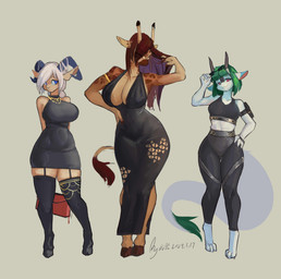 anthro big_breasts black_clothing black_dress blue_eyes breasts brown_hair clothing dress eyes_closed female green_hair group hair huge_hips long_tail red_eyes small_waist smile smirk tail thick_thighs trio white_hair wide_hips shanher mythology anna_cheng_(character) shanler_(character) bovid caprine dragon giraffe giraffid goat mammal mythological_creature mythological_scalie scalie absurd_res hi_res