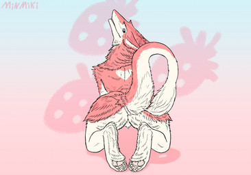 ambiguous_gender anthro big_butt butt fur looking_at_viewer looking_back looking_back_at_viewer multicolored_body multicolored_fur nude pink_body pink_fur raised_tail rear_view solo tail two_tone_body two_tone_fur white_body white_fur minmiki sergal digital_media_(artwork) hi_res