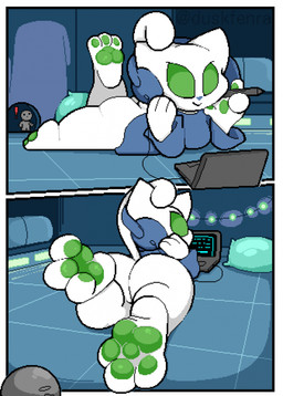 3_toes ambiguous_gender ambiguous_humanoid anthro biped bottomless bottomless_anthro bottomless_female breasts butt clothed clothing computer electronics exclamation_point extreme_size_difference feet female female_anthro fur green_pawpads headphones inside laptop listening_to_music lying micro mouse_hole on_front pawpads paws pillow rear_view size_difference smile soles solo_focus toes white_body white_fur duskfenra napster alien domestic_cat felid feline felis humanoid mammal 2026 cel_shading colored digital_media_(artwork) hi_res pixel_(artwork) shaded