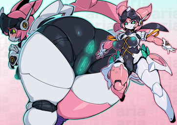 anus armor armor_plates bent_over big_butt black_body black_sclera blush breasts butt clitoris clothing crotch_plate female gauntlets genitals gloves glowing glowing_anus glowing_genitalia glowing_vulva green_eyes handwear inverted_nipples joints looking_at_viewer looking_back looking_back_at_viewer machine multicolored_body multicolored_eyes nipples pink_body presenting presenting_hindquarters ribbons solo thick_thighs vulva white_body yellow_eyes pochincoff mihoyo zenless_zone_zero aria_(zenless_zone_zero) android humanoid robot robot_humanoid censored mosaic_censorship