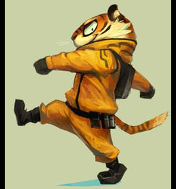 backpack belt boots clothing footwear gloves handwear looking_at_viewer male shoes simple_background solo stripes tail walking young young_male kamihuzi felid mammal pantherine tiger