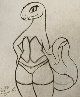 anthro big_tail blep bow_panties bow_underwear clothing corset eyelashes fangs female female_anthro flat_chested frilly frilly_clothing frilly_legwear frilly_panties frilly_thigh_highs frilly_underwear front_view furgonomics hand_on_hip holding_own_tail holding_tail legwear lingerie long_tail looking_at_viewer panties pupils slit_pupils smile smiling_at_viewer snout solo tail tail_clothing tail_stocking tapering_tail teeth thick_tail thick_thighs thigh_highs tongue tongue_out topwear underwear wide_hips spe overlord_(series) crusch_lulu lizard lizardman lizardman_(overlord) reptile scalie 2025 dated digital_drawing_(artwork) digital_media_(artwork) hi_res monochrome procreate_(artwork) sepia signature sketch