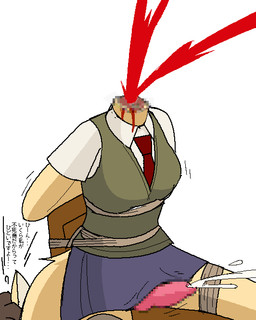 anthro blood bodily_fluids bottomwear clothed clothing cum decapitation detachable detachable_head erection genital_fluids gore gore_focus gynomorph headless intersex kemono skirt snuff tied_to_chair kobuchi_(524koki) 2018