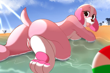 4_toes all_fours anthro arm_tuft ball barefoot beach beach_ball big_butt big_eyes blep blush blush_lines breasts butt cloud curling_toes day detailed_background digitigrade eyelashes feet female foot_focus fur genitals hindpaw inflatable leg_markings light light_beam looking_at_viewer looking_back looking_back_at_viewer lying markings nude on_front outside partially_submerged pawpads paws pink_body pink_fur pink_pawpads pose pubic_mound rear_view sea seaside shallow_water side_boob silhouette sky smile smiling_at_viewer socks_(marking) soles solo sunbeam sunlight toes tongue tongue_out tuft vulva water white_body white_feet white_fur white_paws englam animal_crossing nintendo cookie_(animal_crossing) canid canine canis domestic_dog felid feline mammal 2020 3:2 hi_res pinup