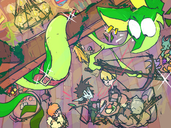 alcohol axe beer belt beverage bow_(weapon) candelabra chair crossbow ear_piercing ear_ring feral food fruit furniture grape green_body high-angle_view male piercing plant ranged_weapon ring_piercing solo table tavern weapon wine roksim arliss_(roksim) dwarf elf halfling kobold reptile scalie snake 4:3