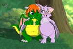 arm_around_shoulders belly blue_eyes chest_tuft duo eyewear female forest forest_background front_view glasses grass hair happy male male/female nature nature_background one_eye_closed orange_hair outside pink_eyes plant standing tree tuft wink hatchlingbyheart mythology beatrice_(hatchlingbyheart) draggyn_vixx bat dragon mammal mythological_creature mythological_scalie scalie 2025 3:2 digital_media_(artwork) hi_res
