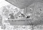 amazing_background anthro balcony beverage bottomwear bread chair clothed clothing coffee computer detailed_background dot_eyes electronics food furniture group outside pants plant reading scenery_porn simple_eyes sitting text tree walking ryo_yambe mammal mouse murid murine rodent 2023 detailed english_text greyscale hi_res monochrome