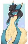 animal_genitalia anthro balls biped black_body black_fur black_hair blue_body blue_fur border canine_genitalia femboy flaccid front_view fur genitals hair male nude penis red_eyes sheath simple_background solo tan_body tan_fur white_border toxicmilkyx nintendo pokemon generation_4_pokemon lucario pokemon_(species) absurd_res digital_media_(artwork) hi_res