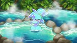 accessory anthro blue_body blue_fur blush breasts female fur hair hair_accessory hot_spring leaf melee_weapon nude outside rock skinny_dipping smile solo steam water weapon whip loulouvz spaicy spaicy_chicross canid canine mammal