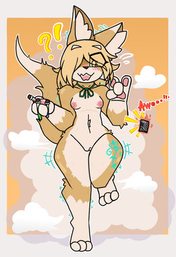 after_transformation anthro anthrofied areola biped blonde_hair blush blush_lines breasts card dipstick_ears dipstick_tail disappearing_clothing ear_markings embarrassed expansion feet female fluffy fur genitals gloves_(marking) hair holding_object howl human_to_anthro implied_transformation inner_ear_fluff innie_vulva interrobang laboratory_equipment laboratory_glassware leg_tattoo magic markings mechanism mostly_nude motion_lines multicolored_ears navel necktie necktie_only nipples nude one_leg_up open_mouth paws pink_areola pink_nipples poof_effect raised_leg scientific_instrument shaking shocked simple_background small_breasts solo species_transformation standing surprised tail tail_markings tattoo teeth test_tube thick_thighs thigh_expansion toes transformation transformation_through_magic tube_fox tuft vulva white_body white_fur wide_hips yellow_body yellow_eyes yellow_fur lynxafterd4rk asian_mythology east_asian_mythology japanese_mythology mythology touhou unconnected_marketeers tsukasa_kudamaki canid canine fox kudagitsune mammal werecanid werecanine werecreature werefox yokai hi_res