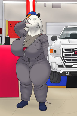 anthro auto_service bag big_breasts bodily_fluids breasts cleavage clothed clothing female huge_breasts mechanic mechanic_outfit muscular muscular_female shirt short_stack solo sweat sweat_rag tank_top thick_thighs topwear truck vehicle walking wide_hips wiping_sweat alythewolfcat gmc martha_the_mechanic american_opossum mammal marsupial 2:3 absurd_res hi_res