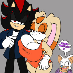 aged_up anthro big_breasts black_body black_fur breast_envy breasts clothing duo_focus female floppy_ears fur group jacket male male/female smile smirk speech_bubble tight_clothing topwear trio white_body white_breasts white_fur soulyagami64 sega sonic_the_hedgehog_(series) cream_the_rabbit rouge_the_bat shadow_the_hedgehog bat domestic_rabbit eulipotyphlan hedgehog lagomorph leporid mammal oryctolagus rabbit 1:1 hi_res