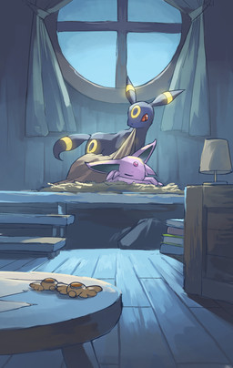 ambiguous_gender bedding black_body blanket book curtains curtains_open duo eyes_closed feral forehead_gem fur gem glowing glowing_markings hay lamp lying markings on_hay purple_body purple_fur red_eyes ring_(marking) sleeping tail hakkentai_pkdn nintendo pokemon pokemon_mystery_dungeon spike_chunsoft eeveelution espeon generation_2_pokemon pokemon_(species) umbreon 2024 hi_res