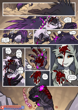 anthro blood bodily_fluids dust_cloud female fist grey_body hallucination holding_out_hand lying male mountain on_back reassuring red_eyes tears text zummeng chili_(zummeng) tristan_(zummeng) elvian haplorhine mammal monkey monster primate comic english_text greyscale hi_res monochrome