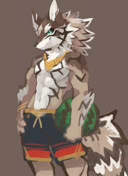 anthro athletic athletic_anthro athletic_male black_nose bottomwear brown_body brown_fur clothed clothing collar facial_markings food fruit fur gold_(metal) gold_jewelry green_eyes head_markings holding_food holding_fruit holding_melon holding_object holding_watermelon jewelry looking_away male markings melon multicolored_body multicolored_fur plant shorts simple_background solo striped_body striped_fur stripes topless topless_anthro topless_male two_tone_body two_tone_fur watermelon white_body white_fur bl_s21 lifewonders tokyo_afterschool_summoners seth_(tas) canid canine canis jackal mammal 2019 absurd_res hi_res sketch