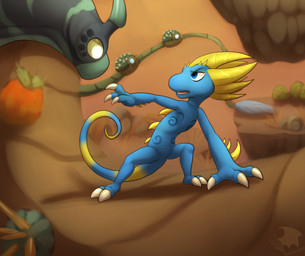 2_toes 3_fingers action_pose anthro biped blue_body blue_eyes blue_scales brown_sky claws feet fingers horn logo male male_anthro markings open_mouth outside plant pose rock scale_markings scales sky solo spines tail teeth_showing text toe_claws toes vines yellow_body yellow_horn yellow_scales pheonixbat scaler scaler_(character) chameleon lizard reptile scalie 2023 artist_logo artist_name digital_media_(artwork) hi_res