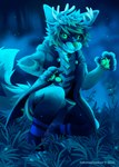 anthro cloak clothing fog forest green_eyes green_paws hair legwear light male messy_hair moonlight plant smile smirk solo thigh_highs tree takomishadow canid canine deer fox hybrid mammal hi_res