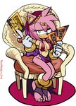 anthro breasts card chair clothing ear_piercing ear_ring feet female furniture half-closed_eyes jewelry narrowed_eyes piercing ring_piercing simple_background sitting smile smiling_at_viewer solo toes sooperman sega sonic_the_hedgehog_(series) amy_rose eulipotyphlan hedgehog mammal hi_res signature