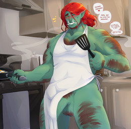 apron apron_lift breakfast bulge clothed clothing clothing_lift hairy male muscular nipple_slip not_furry solo speech_bubble text unposturedfile asian_mythology east_asian_mythology japanese_mythology mythology demon humanoid oni yokai absurd_res english_text hi_res