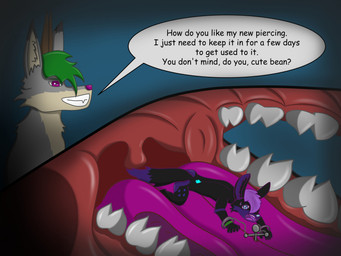 anthro blue_eyes cosmic_hair duo ethereal_hair fangs fur male male/male mouth_play oral_vore piercing piercing_bondage purple_body purple_fur size_difference soft_vore teeth text uvula vore vore_tease platinex kitsunaki ventis canid canine canis fox hybrid mammal wolf english_text hi_res