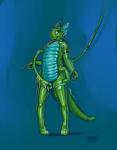 anthro blue_background bodily_fluids clothing cum erection fin genital_fluids genitals glistening green_body green_skin handle latex legwear male penile penis penis_milking pigeon_toed scales simple_background solo stockings toyification ventral_scales turbinedivinity milk_(character) amphibian newt salamander scalie hi_res