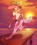 anthro big_breasts breasts butt carrying_another cloud detailed_background duo ear_piercing ear_ring female fluffy fluffy_tail fur hair larger_female male male/female muscular nude outside paws piercing piggyback piggyback_postition ring_piercing sea seaside size_difference sky smaller_male smile spots sunset tail thick_thighs water frozenartifice felid feline leopard leopardus mammal ocelot pantherine snow_leopard 5:6 absurd_res hi_res