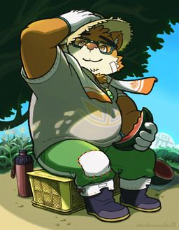anthro brown_body brown_fur clothing eating eyewear farmer food fruit fur glasses hat headgear headwear jewelry male melon necklace outside overweight overweight_male plant sitting solo straw_hat towel watermelon tsukinowadou18 lifewonders tokyo_afterschool_summoners volos_(tas) bear mammal hi_res