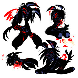 all_fours ambiguous_gender anthro bite_mark bite_on_thigh black_body black_fur blood bodily_fluids crying fur halo kneeling kribby leg_scar lying on_side pawpads paws red_eyes ripped_wings scar scars_on_back scratching_self self-harm self_hug sitting smile solo sweat tears thigh_scar wings kriddykreme angel canid canine canis domestic_dog mammal 1:1 hi_res