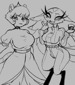 alternate_costume anthro beak belt big_breasts blush bottomwear breasts clothed clothing clothing_swap crown curvy_figure dress duo eyebrows eyelashes eyeshadow female frown fully_clothed grey_background hair half-closed_eyes headgear holding_glass holding_object long_eyelashes looking_at_viewer makeup mature_female narrowed_eyes open_beak open_mouth open_smile pants short_hair simple_background smile sweater thick_thighs topwear voluptuous wide_hips omegamax hellaverse helluva_boss amelia_(omegamax) stella_(helluva_boss) american_opossum avian bird demon mammal marsupial owl owl_demon 2026 monochrome sketch