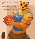 anthro ball basketball_(ball) big_muscles bottomwear clothing dialogue eyebrows fur holding_ball holding_object looking_at_viewer male muscular muscular_anthro muscular_male one_eye_closed open_mouth open_smile shirt shorts simple_background smile solo standing talking_to_viewer tan_background tank_top teeth text tongue topwear tuft wink wulfer-shepherd animal_crossing nintendo tybalt_(animal_crossing) felid mammal pantherine tiger 2021 english_text hi_res