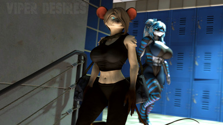 abs anthro athletic athletic_anthro athletic_female athletic_wear belly_tattoo big_breasts black_body black_scales blue_body blue_eyes blue_hair blue_highlights blue_scales blue_stripes bottomwear bra breasts brown_hair buckteeth claws clothing crop_top detailed_background duffel_bag duo female fingers fur gym gym_bottomwear gym_shorts hair hair_over_eye highlights_(coloring) inside locker_room long_hair long_tail midriff multicolored_body multicolored_hair multicolored_scales muscular muscular_anthro muscular_female navel one_eye_obstructed ponytail scales shirt short_hair shorts sports_bra striped_body striped_scales stripes tail tan_body tan_fur tattoo teal_eyes teeth text thick_thighs topwear two_tone_hair underwear white_body white_hair white_scales wide_hips viper-desires nika_sharkeh aquatic fish mammal murid murine rat rodent shark 16:9 2023 3d_(artwork) artist_name digital_media_(artwork) hi_res source_filmmaker_(artwork) watermark widescreen