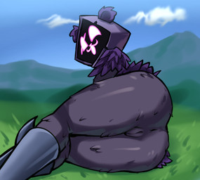 anthro anus arm_tuft big_butt butt empty_eyes eye_scar facial_scar female fur genitals hip_tuft looking_at_viewer looking_back looking_back_at_viewer lying obscured_face on_side purple_body purple_fur purple_hood rear_view scar shoulder_tuft solo thick_thighs tuft vulva white_eyes white_nose wide_hips triplestabber epic_games fortnite raven_team_leader bear mammal absurd_res hi_res