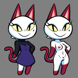 anthro biped clothed clothing eyelashes female female_anthro fully_clothed genitals markings mole_(marking) nipples nude smile solo standing tail vulva raunchyriot animal_crossing nintendo olivia_(animal_crossing) domestic_cat felid feline felis mammal 1:1 hi_res