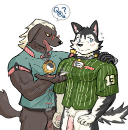 anthro arm_around_shoulders awkward barazoku biceps blue_eyes blush bodily_fluids bottomless bottomless_anthro bottomless_male cigarette clothed clothing collar cybernetic_arm cybernetic_limb duo eyewear floppy_ears flying_sweatdrops gender_symbol genitals glasses green_clothing green_shirt green_topwear holding_cigarette holding_object looking_aside male male/male male_symbol muscular muscular_anthro muscular_male name_tag pantsless penis red_eyes saliva shirt simple_background smile speech_bubble sweat sweatdrop symbol tongue tongue_out topwear vein veiny_penis white_background hayahaya mihoyo zenless_zone_zero a-shuo_(zenless_zone_zero) howl_(zenless_zone_zero) canid canine canis domestic_dog husky mammal nordic_sled_dog spitz absurd_res hi_res