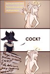 annoyed anthro blush border clothed clothing cowlick dialogue duo hair halo hand_on_hip horn humor male male/male profanity red_border text toga jarnqk gayngel_(jarnqk) linus_(jarnqk) angel bovid caprine demon goat mammal sheep absurd_res comic digital_media_(artwork) english_text hi_res lol_comments