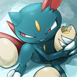 2_fingers 2_toes ambiguous_anthro ambiguous_gender anthro chest_gem claw_fingers claw_toes claws egg eyelashes feathers feet fingers forehead_gem fur gem holding_egg holding_object looking_aside pupils red_body red_eyes red_feathers sitting slit_pupils solo teal_body teal_fur toes white_claws yellow_gem spicyichizo nintendo pokemon generation_2_pokemon pokemon_(species) sneasel 1:1 2025 absurd_res hi_res shaded
