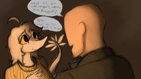 anniversary anthro bald dialogue digit_ring duo feathers female hair human_on_anthro interspecies jewelry male male/female married_couple ring tail tail_feathers wedding_ring white_hair yellow_eyes joebamna cavemanon_studios puppet_pals snoot_game anon_(snoot_game) judee dinosaur human mammal prehistoric_species reptile saurischian scalie theropod troodon troodontid 16:9 hi_res widescreen