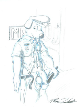 anthro badge bottomwear clothed clothing collar collar_tag genitals half-erect hat headgear headwear humanoid_genitalia humanoid_penis male pants partially_clothed penis police police_baton police_hat police_officer police_uniform shirt solo toony topwear uniform urinal marc_leonhardt family_guy brian_griffin canid canine canis domestic_dog mammal