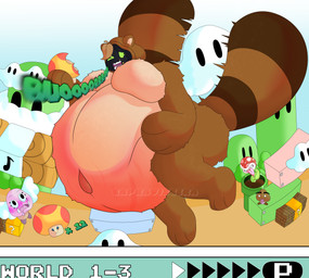 anthro burping close_to_bursting clothing costume dialogue eating female floating flying fungus green_eyes hood inflation mega_mushroom mushroom navel one_eye_closed outie_navel overweight paws plant ready_to_pop solo stretch_marks struggling stuffing tail tanuki_costume tanuki_leaf tanuki_tail text capraviscera mario_bros nintendo elemental_creature flora_fauna goomba piranha_plant absurd_res hi_res