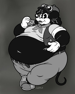 accessory anthro belly belt big_belly black_body black_fur breasts cheese cheese_wedge chubby_cheeks clothing dairy_products eyewear female female_anthro food footwear fur gloves goggles handwear hat headgear headwear holding_food holding_object ill-fitting_clothing lipstick looking_at_viewer makeup medium_breasts midriff navel necktie obese obese_anthro obese_female overweight overweight_anthro overweight_female shirt shoes smile smiling_at_viewer solo thick_thighs toony topwear vest wide_hips fatladyhellcat mouse:_p.i._for_hire tammy_tumbler mammal mouse murid murine rodent 4:5 hi_res