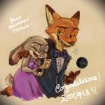 1:1 2017 academy_awards anthro award black_tie_(suit) bow_(feature) bow_tie buckteeth canid canine clothed clothing dipstick_ears dipstick_tail disney dress duo ears_down eyes_closed female fox fur gagaga_08 green_eyes grey_body grey_fur grin hi_res holding_award holding_object holding_oscar_statuette inner_ear_fluff jewelry judy_hopps lagomorph leporid looking_back male mammal markings multicolored_ears multicolored_tail necklace nick_wilde open_mouth open_smile oscar_statuette pivoted_ears rabbit red_fox simple_background size_difference smile suit tail tail_markings teeth text true_fox tuft zootopia