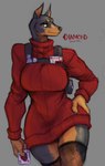 anthro big_breasts biped breasts clothed clothing female fingers front_view hand_on_hip legwear looking_at_viewer multicolored_body pupils red_clothing simple_background solo text thick_thighs thigh_highs two_tone_body s_miles_art capcom resident_evil ada_wong canid canine canis dobermann domestic_dog mammal pinscher hi_res