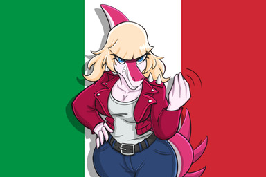 angry anthro belt biped blonde_hair blue_eyes bone_frill bottomwear breasts clenched_teeth clothed clothed_anthro clothed_female clothing denim denim_bottomwear denim_clothing female fingers frill_(anatomy) front_view hair hand_on_hip humanoid_hands italian_flag jacket jeans long_hair looking_at_viewer medium_breasts motion_lines non-mammal_breasts open_clothing open_jacket open_topwear pants pink_body pose red_clothing red_jacket red_topwear shadow shirt simple_background solo spiked_tail spikes spikes_(anatomy) standing tail teeth topwear white_body white_clothing white_shirt white_topwear kaewhy cavemanon_studios i_wani_hug_that_gator mia_moretti dinosaur hadrosaurid ornithischian ornithopod parasaurolophus prehistoric_species reptile scalie 2026 3:2 half-length_portrait portrait