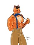 abs anthro bottomwear bow_tie brown_hair bulge clothing eyebrows fur hair male muscular muscular_anthro muscular_arms muscular_male orange_body orange_eyes orange_fur pants pink_nose pointy_ears prick_ears short_hair solo suspenders tight_bottomwear tight_clothing whiskers vagrantmidget drawfee_(copyright) drawtectives felix_(drawtectives) domestic_cat felid feline felis mammal 2022 absurd_res hi_res