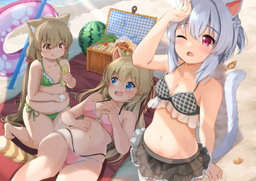 basket beach bikini blonde_hair breasts clothing colored_edge_bikini container detailed_food female food fruit grey_hair group hair inflatable inner_tube melon picnic_basket plant sandwich_(food) seaside slightly_chubby sunscreen swimwear two-piece_swimsuit watermelon young shiredo hiyori_(shiredo) koruri_(shiredo) tsugumi_(shiredo) animal_humanoid cat_humanoid felid felid_humanoid feline feline_humanoid humanoid mammal mammal_humanoid 2022 detailed hi_res