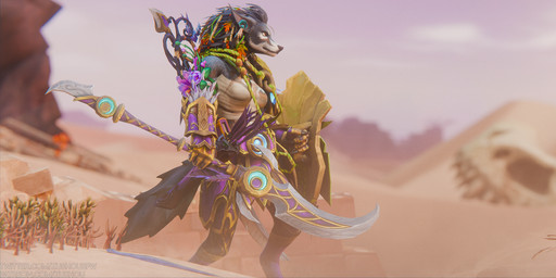 accessory armor bandage bandage_wraps bandaged_chest black_body black_fur black_hair bone bow_(weapon) breasts claws clothed clothing desert detailed_background ear_piercing ear_ring feathers female flower flower_in_hair fur hair hair_accessory halberd landscape leaves_in_hair melee_weapon partially_clothed piercing plant polearm ranged_weapon ring_piercing sand shield skull solo sword sword_on_back tail text toony weapon weapon_on_back yellow_eyes zushou blizzard_entertainment warcraft canid mammal werecanid werecreature worgen 3d_(artwork) absurd_res blender_(artwork) detailed digital_media_(artwork) english_text hi_res