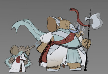 age_progression aged_up anthro armor big_ears bracelet breastplate brown_body brown_fur clothing duo eyes_closed fat_rolls fat_thighs fog friendship_bracelet fur halberd half-closed_eyes happy jewelry knight male medal melee_weapon narrowed_eyes oversized_clothing overweight overweight_anthro overweight_male polearm sash scarf tail tired tired_eyes translucent translucent_clothing tusks warrior weapon wide_hips young young_anthro young_male whichhat elephantid loxodon mammal mammoth prehistoric_species proboscidean absurd_res hi_res